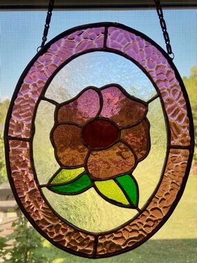 Vintage Stained Glass Purple Rose Sun Catcher Hanging With Chain 10”x 8”